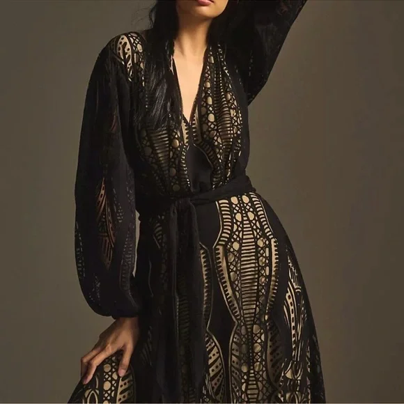 Farm Rio Anthropologie Medium Devore Fringed Maxi Dress Crochet Lace Black - Picture 5 of 15